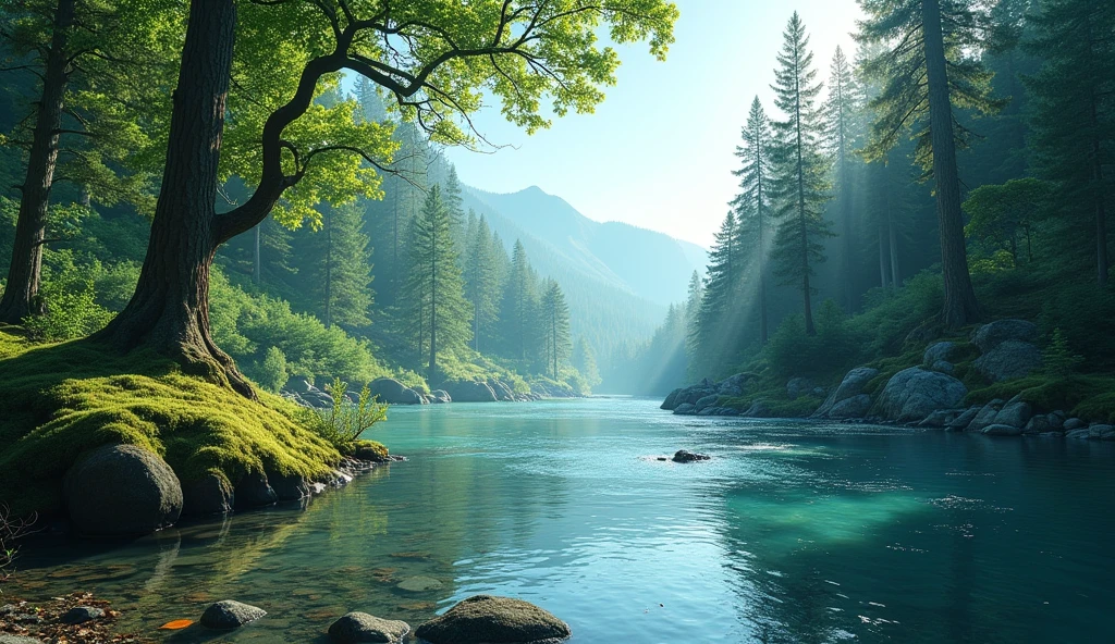 A realistic depiction of a tranquil and cool natural landscape. The scene features a crystal-clear river winding through a dense forest of tall, evergreen trees. The sunlight filters softly through the canopy, casting dappled shadows on the forest floor and illuminating patches of vibrant green moss. In the distance, gentle hills covered in mist rise against a clear blue sky. The air feels fresh and crisp, with a light breeze rustling the leaves. The image captures every detail in 4K, from the texture of the tree bark to the ripples in the water, evoking a deep sense of peace and serenity