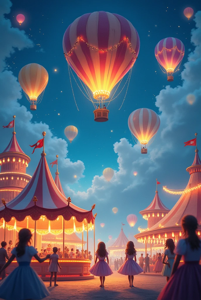 there is a picture of a carnival, ethereal and dreamy theme, dreamy and detailed, adorable and whimsical, whimsical and cute, witchlight carnival, welcome to the circus, circus background, very magical and dreamy, dreamy illustration, illustrated in whimsical style, in the white clouds fairyland, instagram story, illustartion, airy midnight theme, circus, air baloon