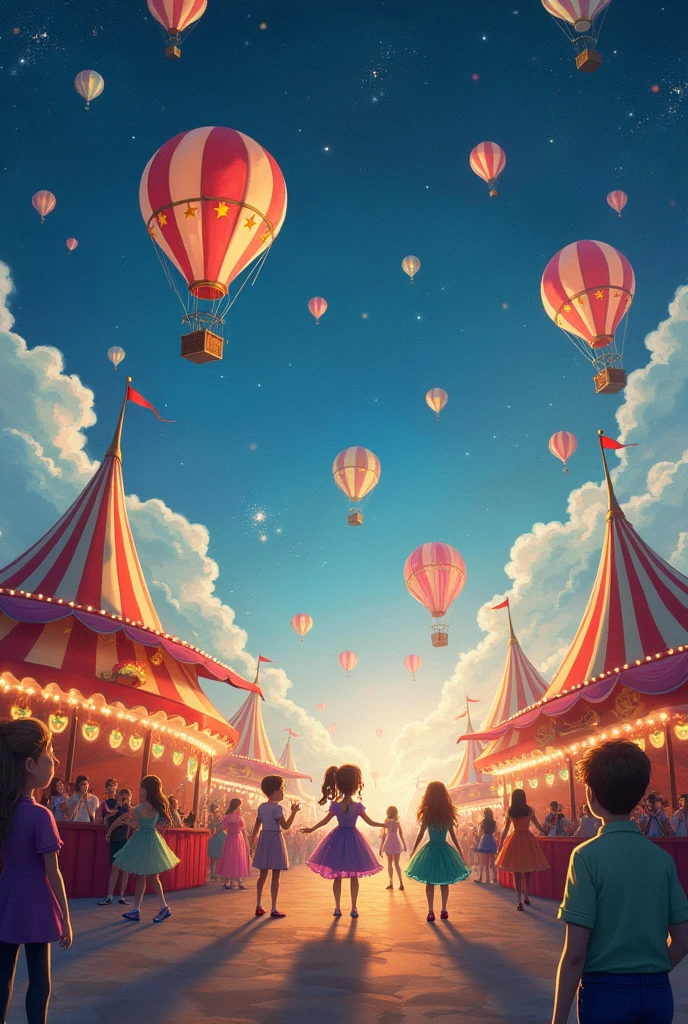 there is a picture of a carnival, ethereal and dreamy theme, dreamy and detailed, adorable and whimsical, whimsical and cute, witchlight carnival, welcome to the circus, circus background, very magical and dreamy, dreamy illustration, illustrated in whimsical style, in the white clouds fairyland, instagram story, illustartion, airy midnight theme, circus, air baloon