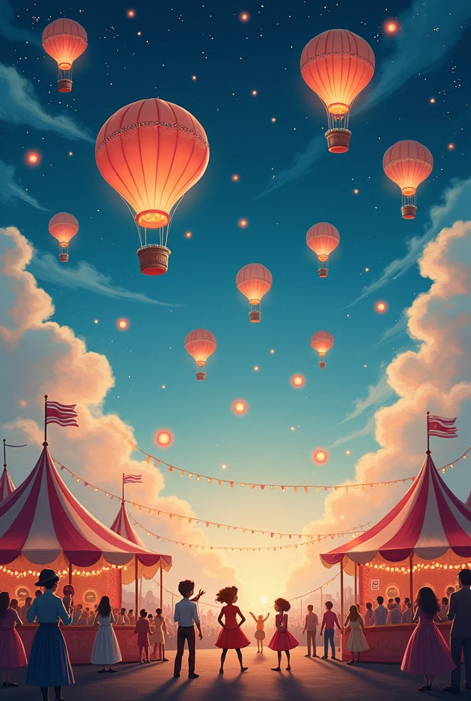 there is a picture of a carnival, ethereal and dreamy theme, dreamy and detailed, adorable and whimsical, whimsical and cute, witchlight carnival, welcome to the circus, circus background, very magical and dreamy, dreamy illustration, illustrated in whimsical style, in the white clouds fairyland, instagram story, illustartion, airy midnight theme, circus, air baloon