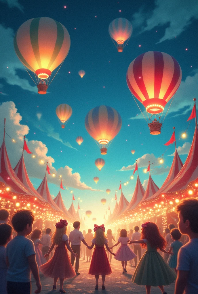 there is a picture of a carnival, ethereal and dreamy theme, dreamy and detailed, adorable and whimsical, whimsical and cute, witchlight carnival, welcome to the circus, circus background, very magical and dreamy, dreamy illustration, illustrated in whimsical style, in the white clouds fairyland, instagram story, illustartion, airy midnight theme, circus, air baloon