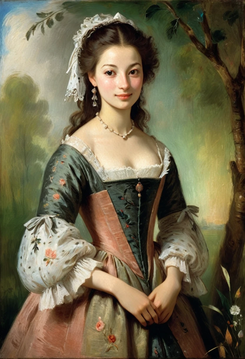 ((art Antoine Watteau style)) very charming young brunette, a slight mysterious smile from the shoulder, a dress with embroidered patterns, 15 century,((Antoine Watteau style)), The dark Renaissance, (fog, very scuffing), ((palette/oil painting palette knife)), ((masterpiece)), single shot, impression:1.2, extreme detail, perspective:1.33, 8k