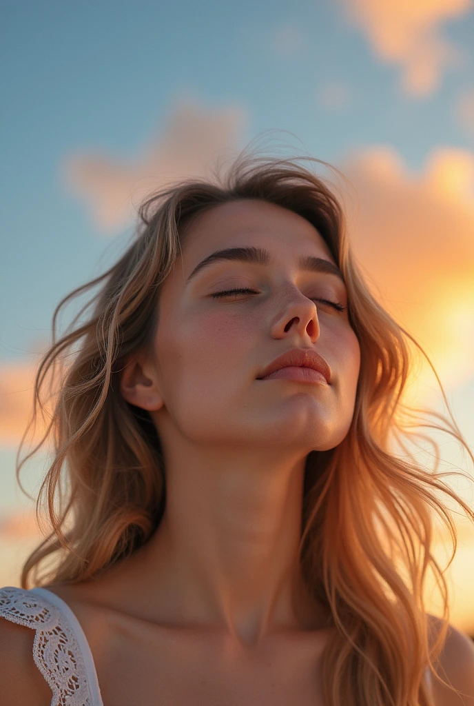 Face front and tilted upwards, young woman, angelic, tender, innocent, female, beautiful and delicate, the face is front and tilted as if wanting to look up, dark blonde hair, White skin, closed eyes, expression of peace and happiness, very saturated colors, front face