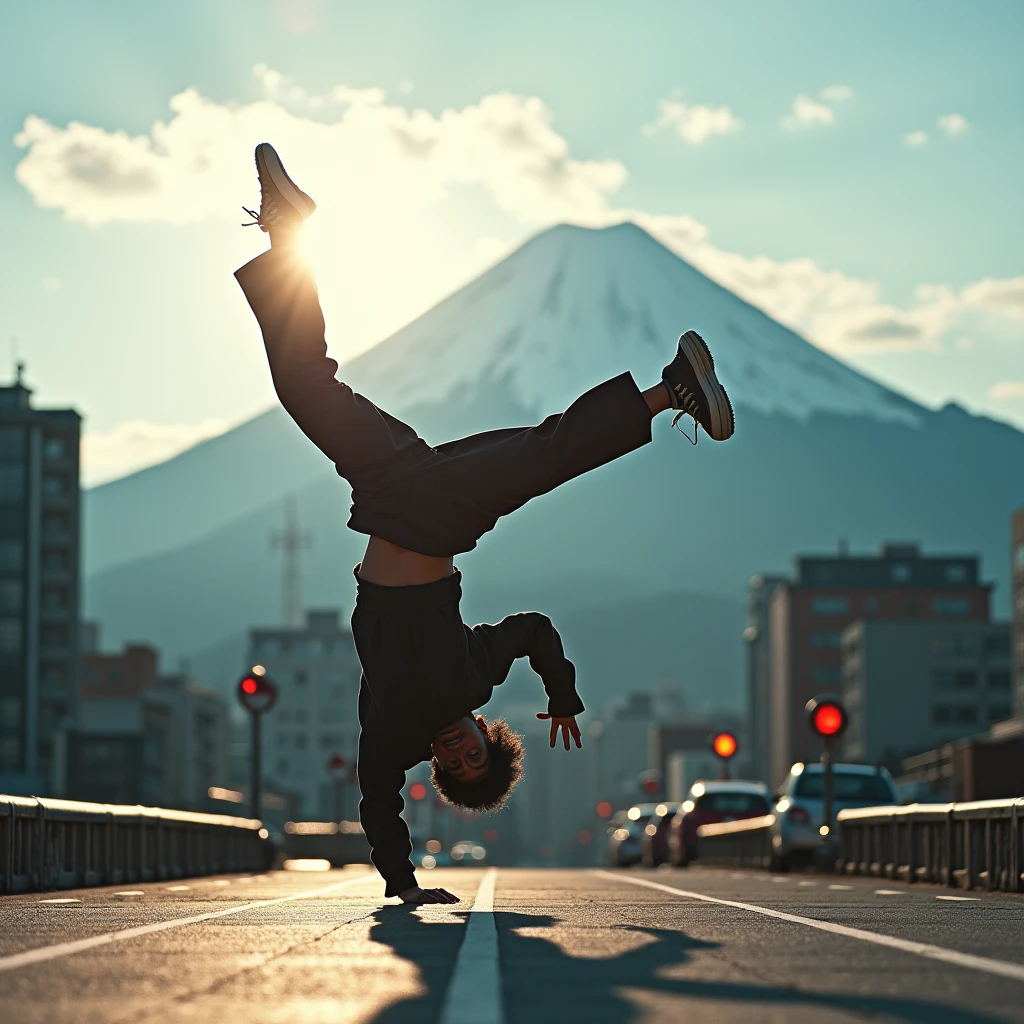 Japanese Bboy dressed in hip hop clothes, executing a breakdancing backflip in front of the urban buildings of metropolitan Tokyo, with the volcano in sharp focus and the background blurred, creating a cinematic atmosphere. The bboy's pose should convey strength and dynamism, contrasting with the serenity of the mountain. dramatic lighting, with sun rays hitting the bboy and Mount Fuji, Enhancing the Scene. Visual Style: アニメ, cinematographic, realisitic.