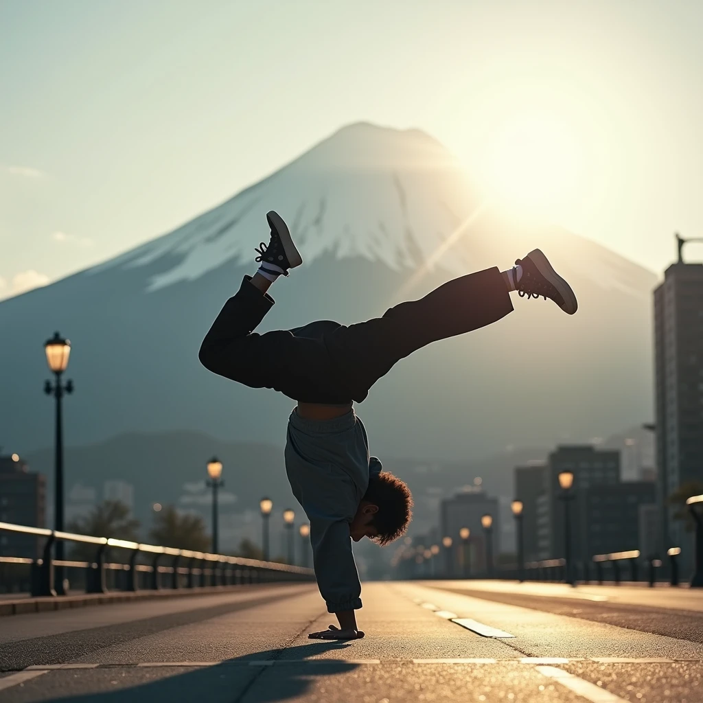 Japanese Bboy dressed in hip hop clothes, executing a breakdancing backflip in front of the urban buildings of metropolitan Tokyo, with the volcano in sharp focus and the background blurred, creating a cinematic atmosphere. The bboy's pose should convey strength and dynamism, contrasting with the serenity of the mountain. dramatic lighting, with sun rays hitting the bboy and Mount Fuji, Enhancing the Scene. Visual Style: アニメ, cinematographic, realisitic.