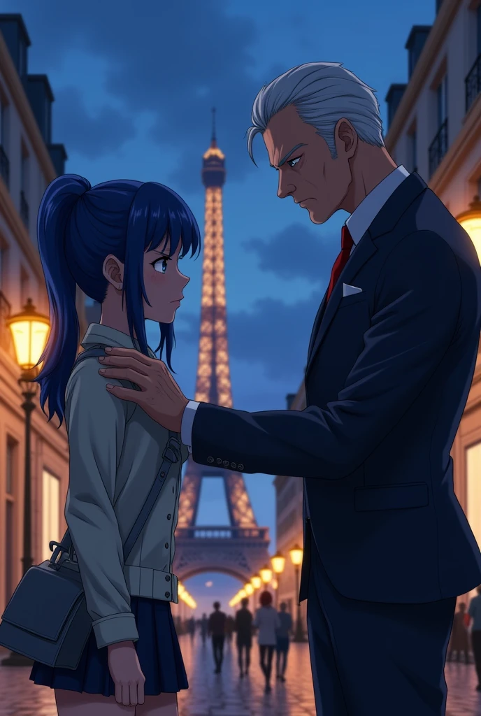 Generate a anime art of marinette duaain cheng , a  girl with dark blue pigtails and blue eyes glaring at gabriel agreste, tall middle age man with a sophisticated suit and a harsh expression putting a hand on her shoulder 