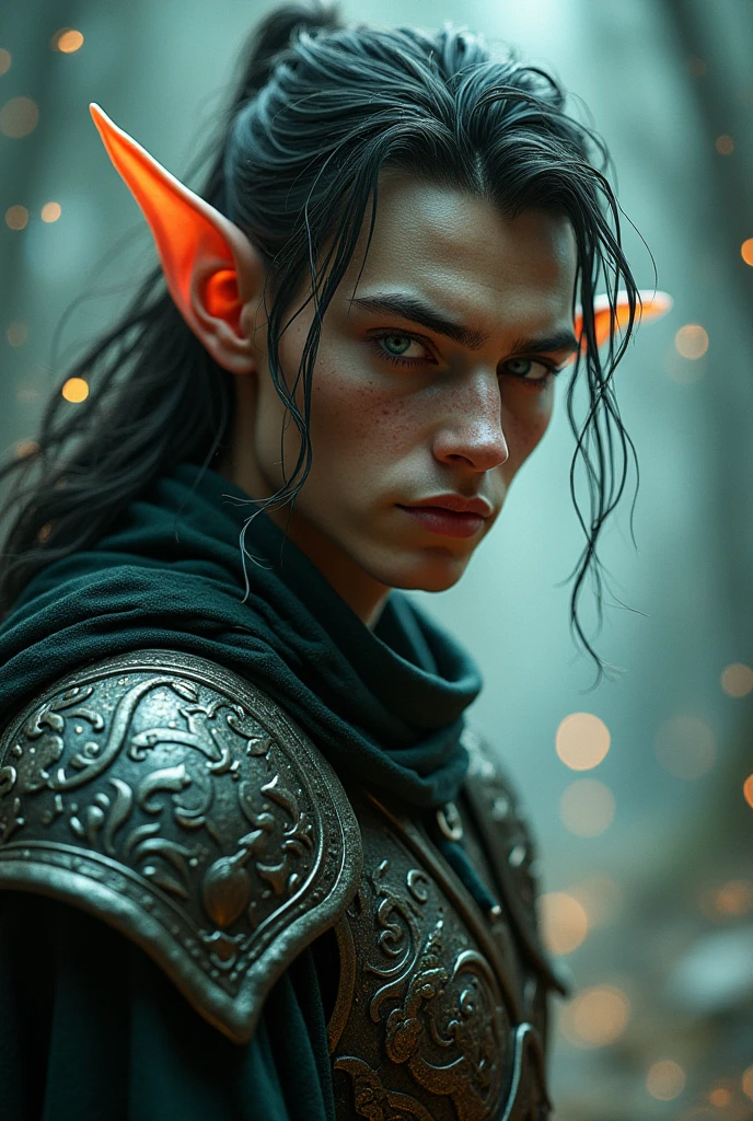 A 2nd level arcane male elf, intricate detailed fantasy portrait, cinematic lighting, dramatic shadows, striking pose, expressive eyes, ornate armor, glowing magical effects, dynamic composition, muted color palette, digital art, concept art style