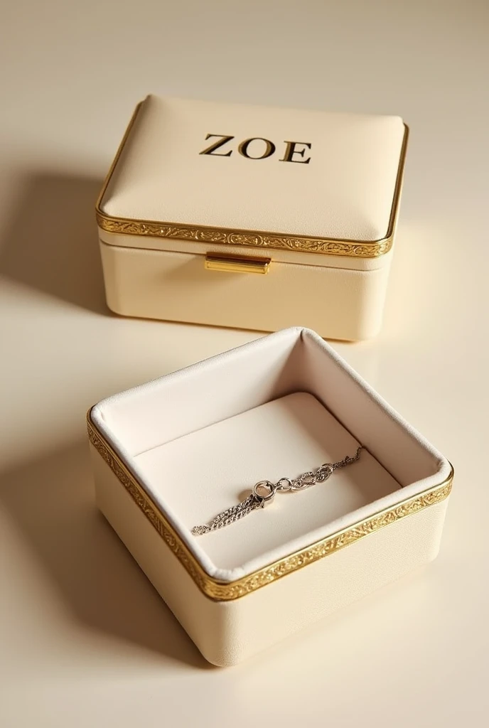 Create rectangular jewelry boxes in a plain pastel golden color with a closed and open gold border with a chain inside with the name ZOE in a serif font.