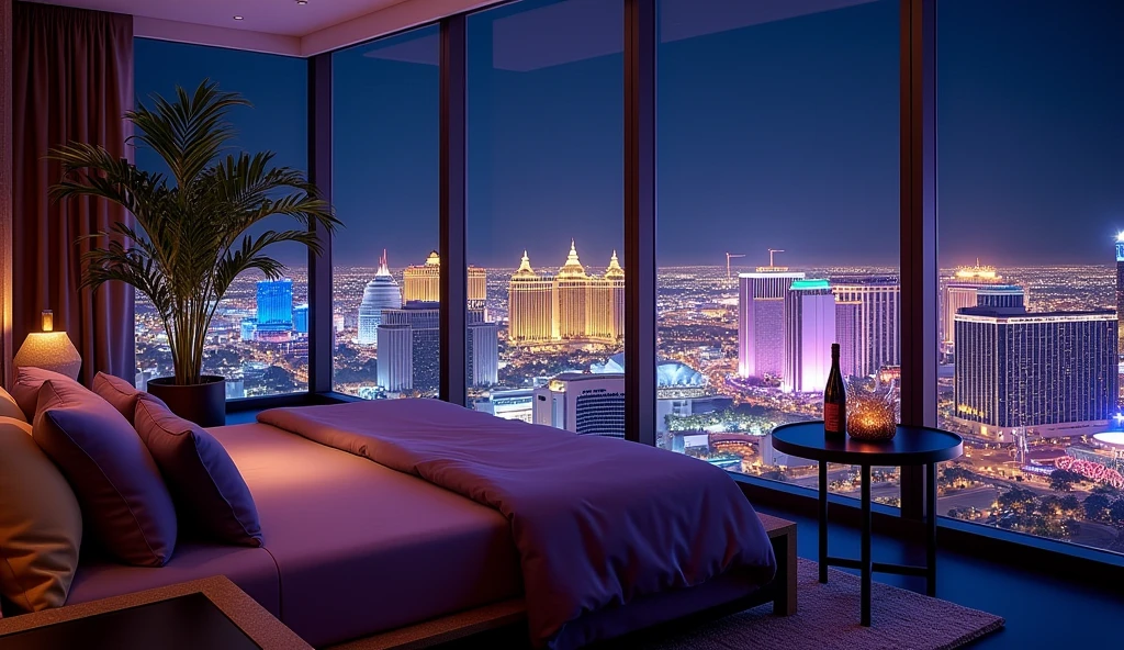 Panoramic Night View of Las Vegas City from a Room, beautiful crystals, Soft and Romantic atmosphere, Sophisticated and modern decoration, luxury bed, night to rest, and dark atmosphere at dawn, green plants, purple sheets, table with glasses and a bottle of wine.