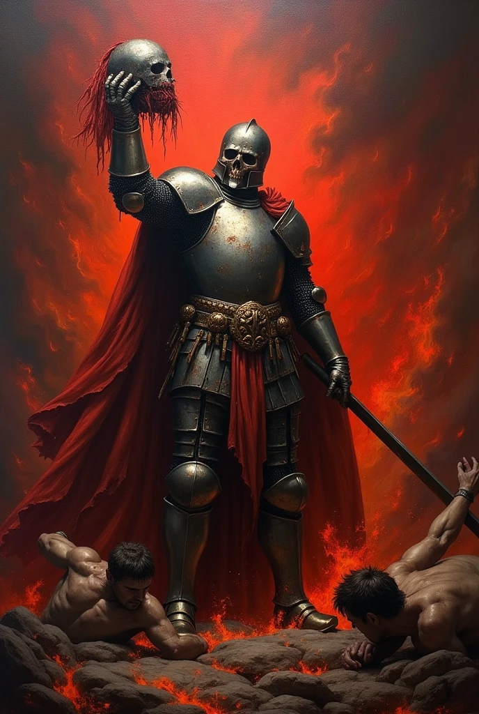 The fallen knight, Holding a person's head, The background is hell., Nemesis's divine representative, Oil painting