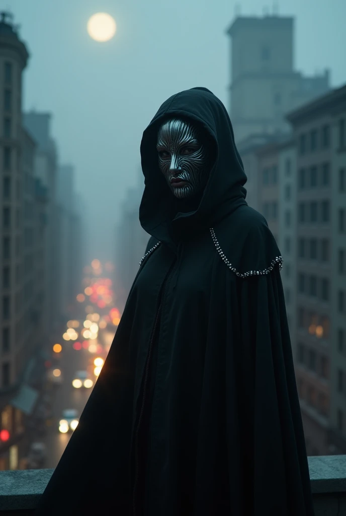 woman dressed in black, hooded and masked