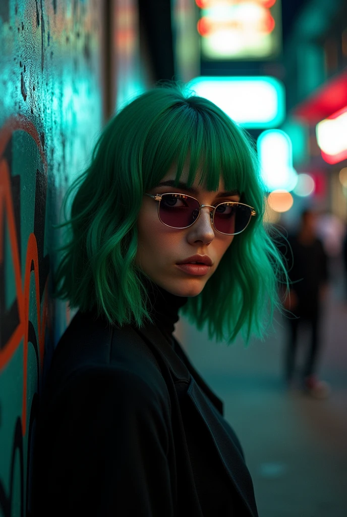 woman with shoulder-length green hair wearing glasses and dark clothing