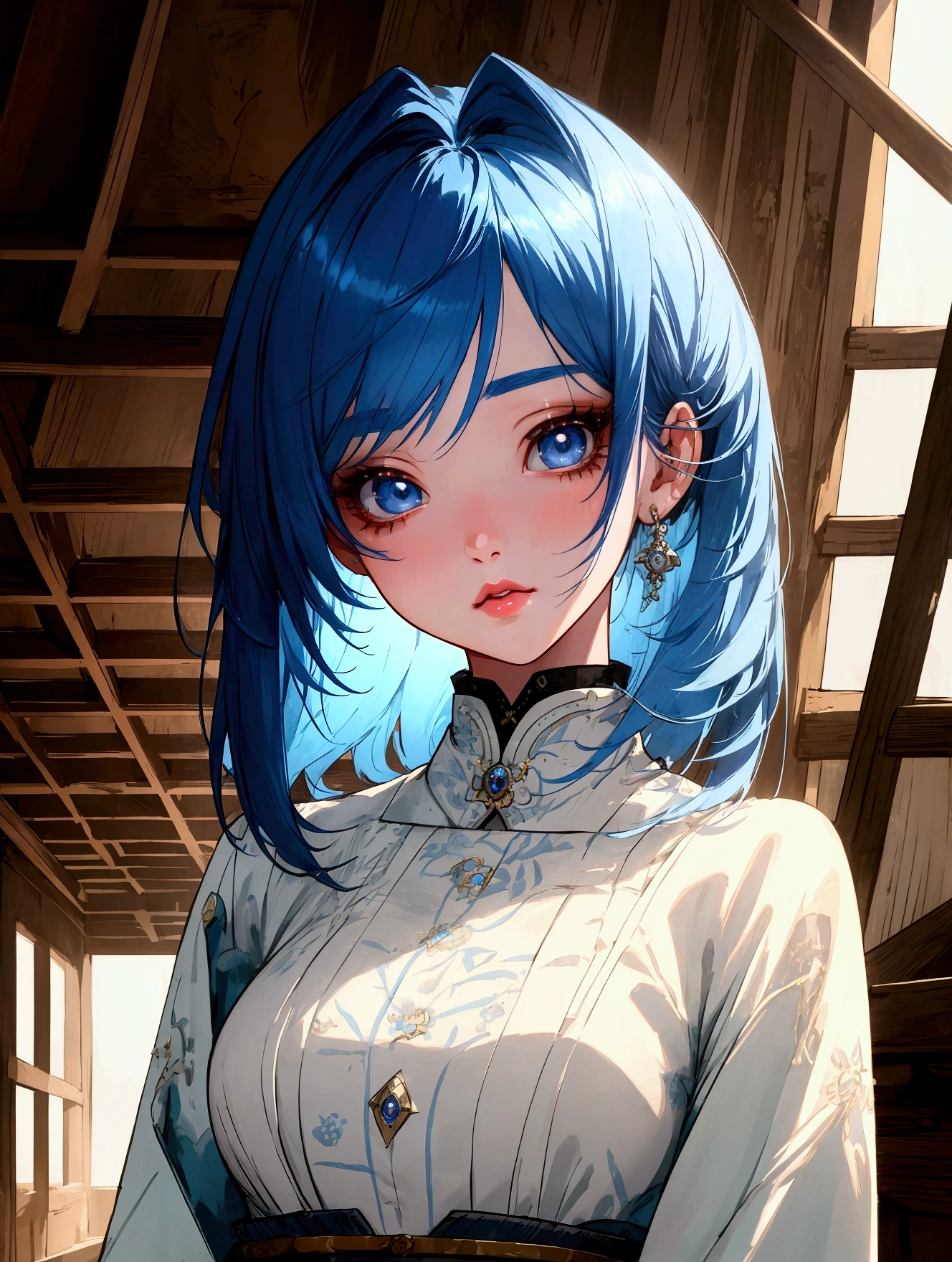 a beautiful detailed blue-haired girl,extremely detailed face,longeyelashes,beautiful detailed eyes,beautiful detailed lips,standing in an old attic,1girl,anime style,nostalgic,high quality,4k,masterpiece,detailed description
