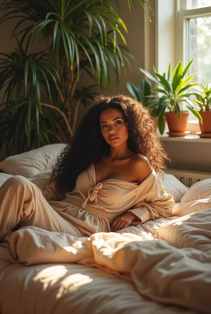 (photorealism:1.2), beautiful woman, sitting on bed, wearing loose off-shoulder top, pajama pants, long curly hair, indoors, soft lighting, plants in background, window with sunlight, cozy room, relaxed pose, realistic, intricate details, warm colors, by Greg Rutkowski, by Alphonse Mucha
