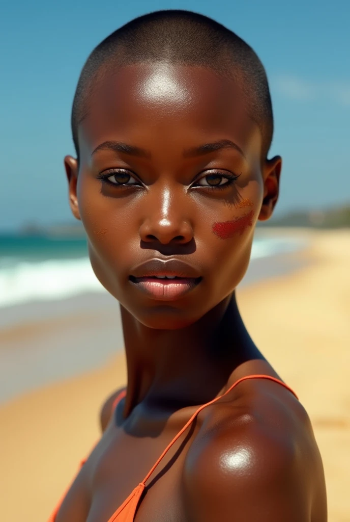 Woman with shaved hair, dark complexion, and a sunburnt face