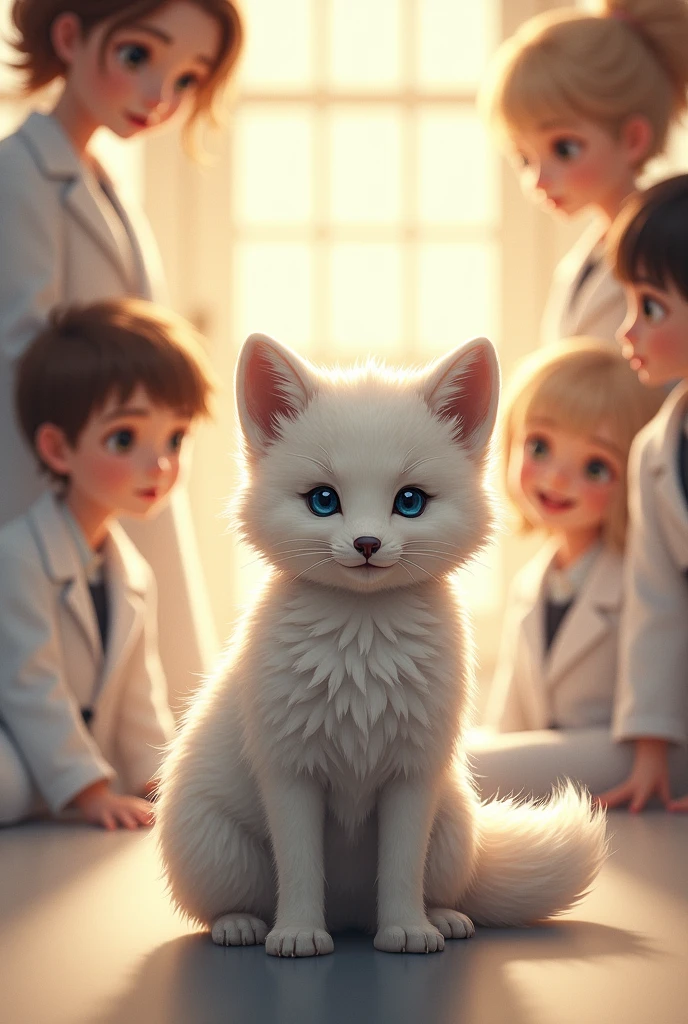 masterpiece, high quality portrait, 16 thousand., fluffy,loner,(Blue eyes, White hair,White hands,White legs:1.2),white students,lab coat,fox, Blue, white fur cub, ,skin_fang, Double link, warm light, sitting on their knees,Laboratory, Full Snapshot,author:Sumi Kuroi, to her,Kyosan