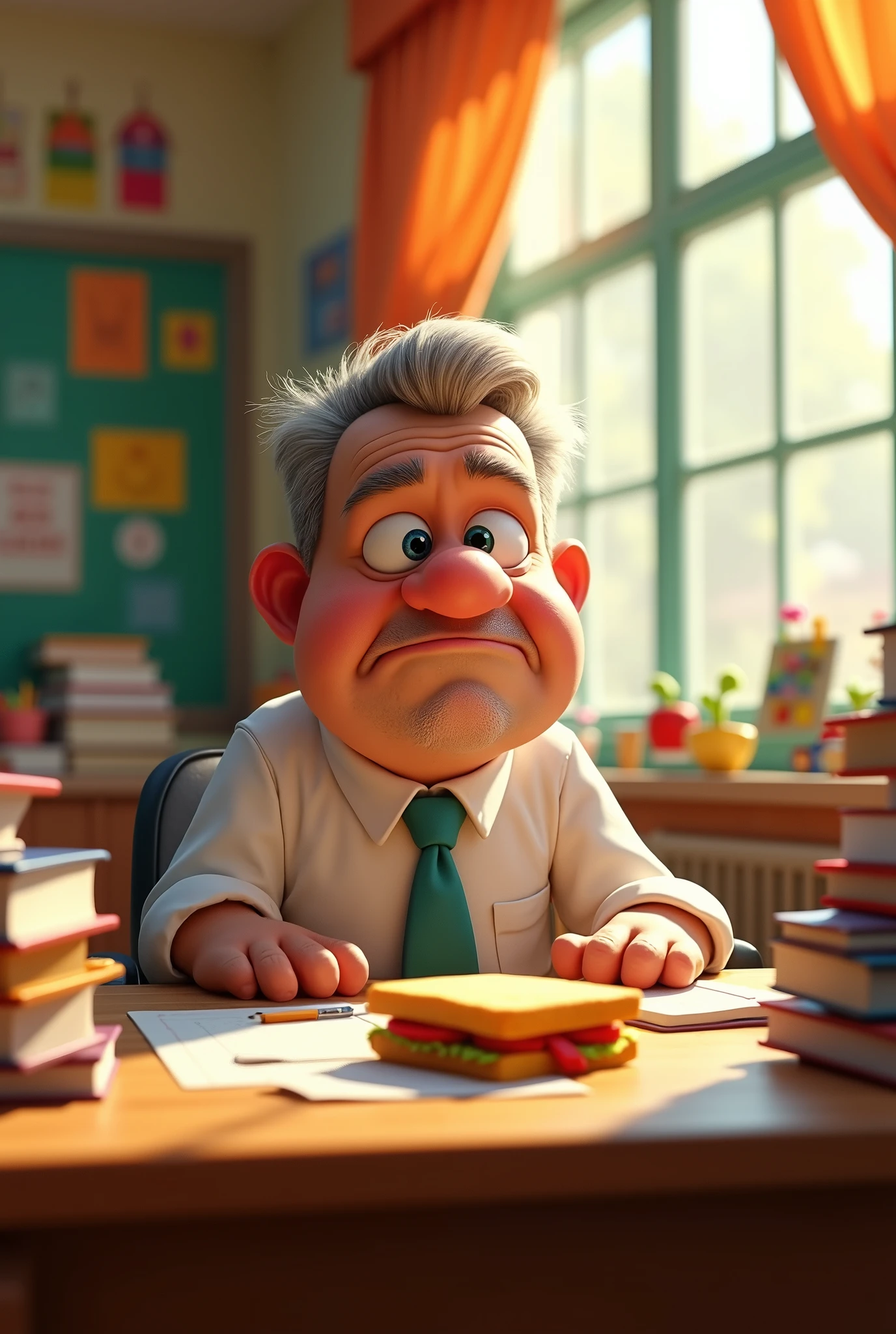 Hyper realistic, colorful Pixar style image of scene of 3D cartoon style of scene of school principal sitting on his desk office with a hungry face