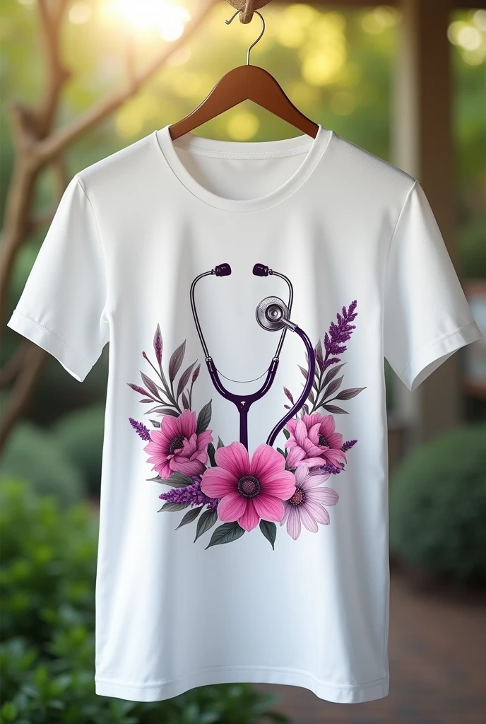 White cotton women's t-shirt mockup. stethoscope and flowers. T-shirt design mockup, t-shirt print presentation mockup