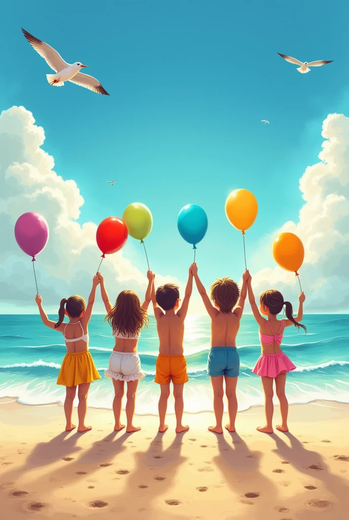 Children of both genders with balloons on the beach with their backs to the camera
