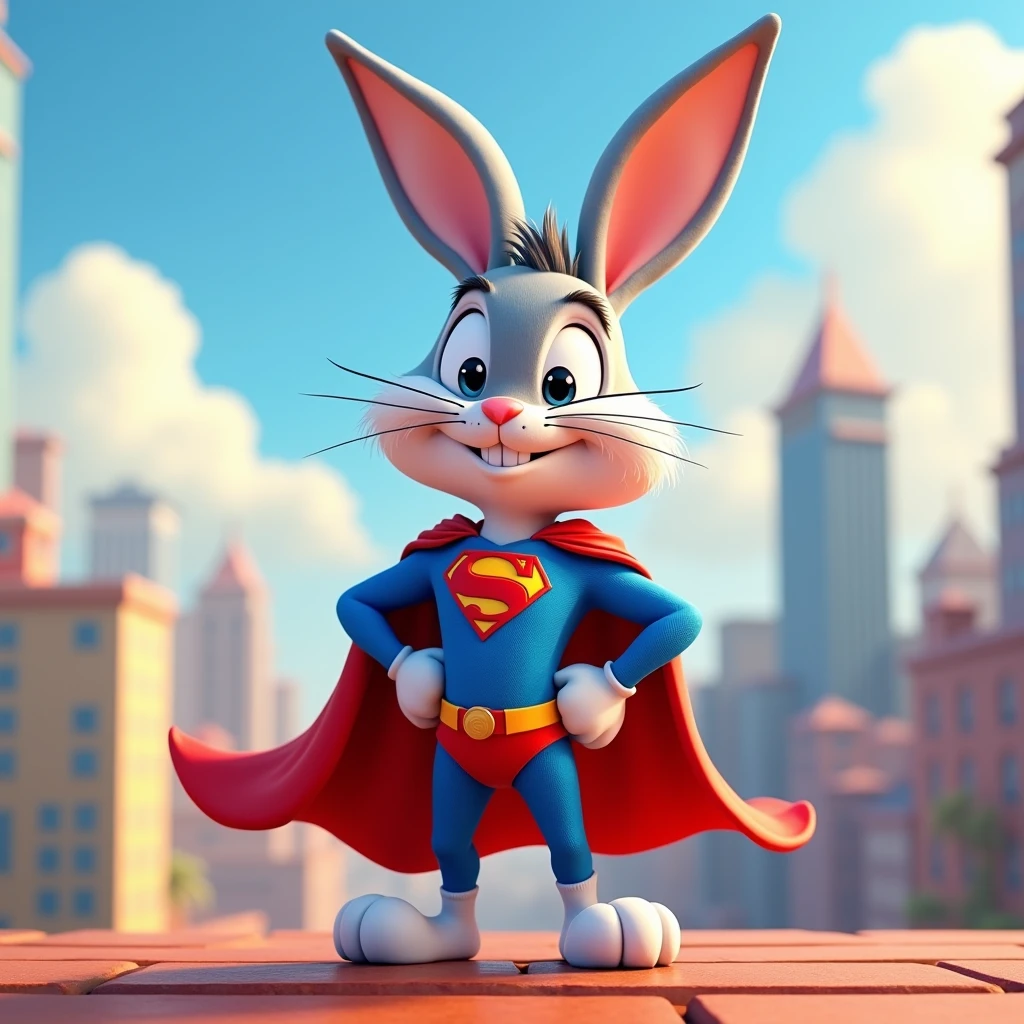He has a Bugs Bunny from Looney Toons with a Superman costume , that is humanoid ( pixar style in 3d)