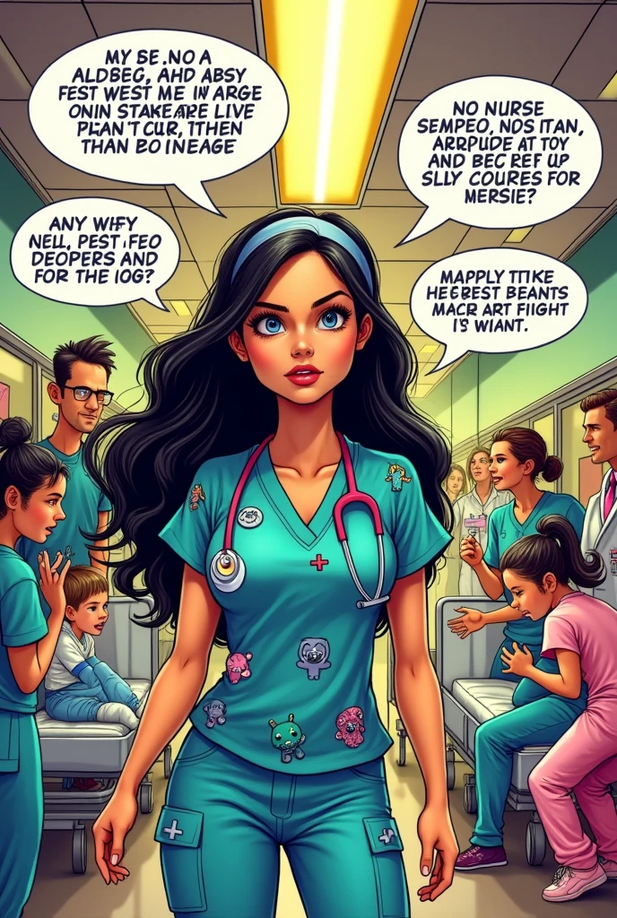 A quirky comic book scene in the style of MAD Magazine, Young woman with long dark hair, Humorous depiction of the life of a working nurse in the hospital 