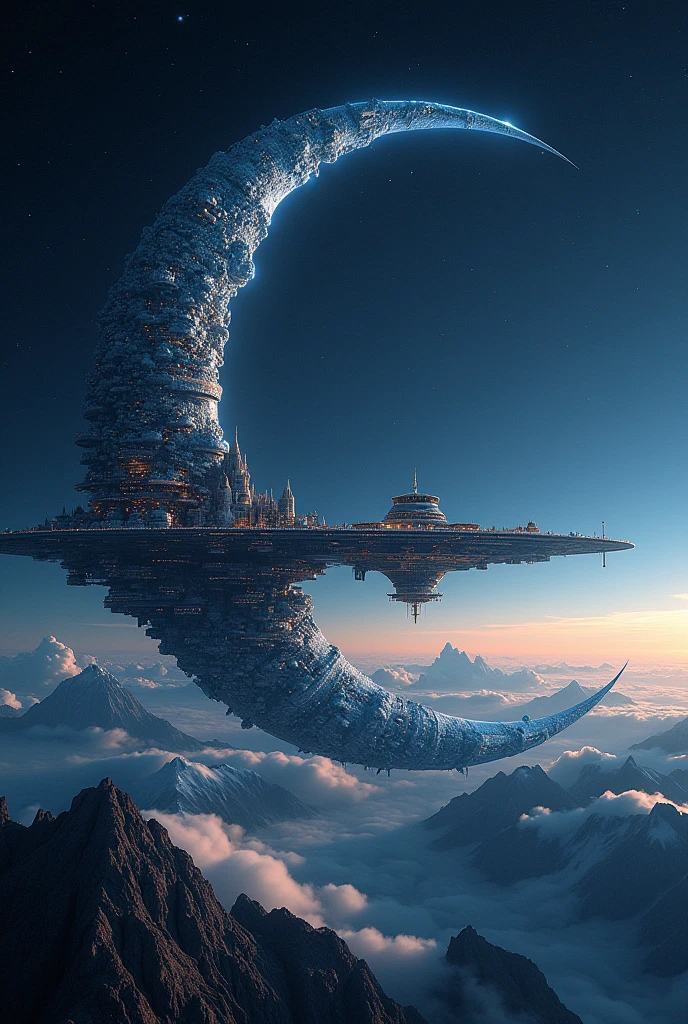 The distant future of planet Earth. Above 1/4 the entire planet in the shape of a crescent moon a giant space station flies. Flying over that part of the earth, where it's night now. It has all the same things, as on Earth - cities, nature, Mountains & Seas. Turns out to be the second floor of the planet. This station is anchored to the North and South poles of the planet. Detailed Terrain. Detailed space