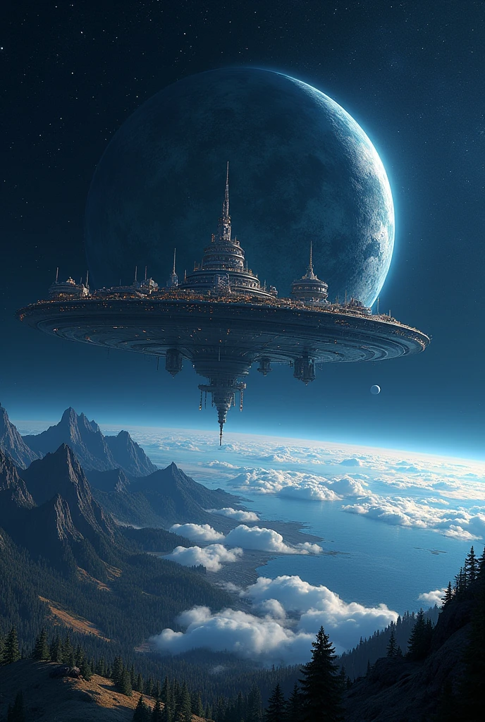The distant future of planet Earth. Above 1/4 the entire planet in the shape of a crescent moon a giant space station flies. Flying over that part of the earth, where it's night now. It has all the same things, as on Earth - cities, nature, Mountains & Seas. Turns out to be the second floor of the planet. This station is anchored to the North and South poles of the planet. Detailed Terrain. Detailed space