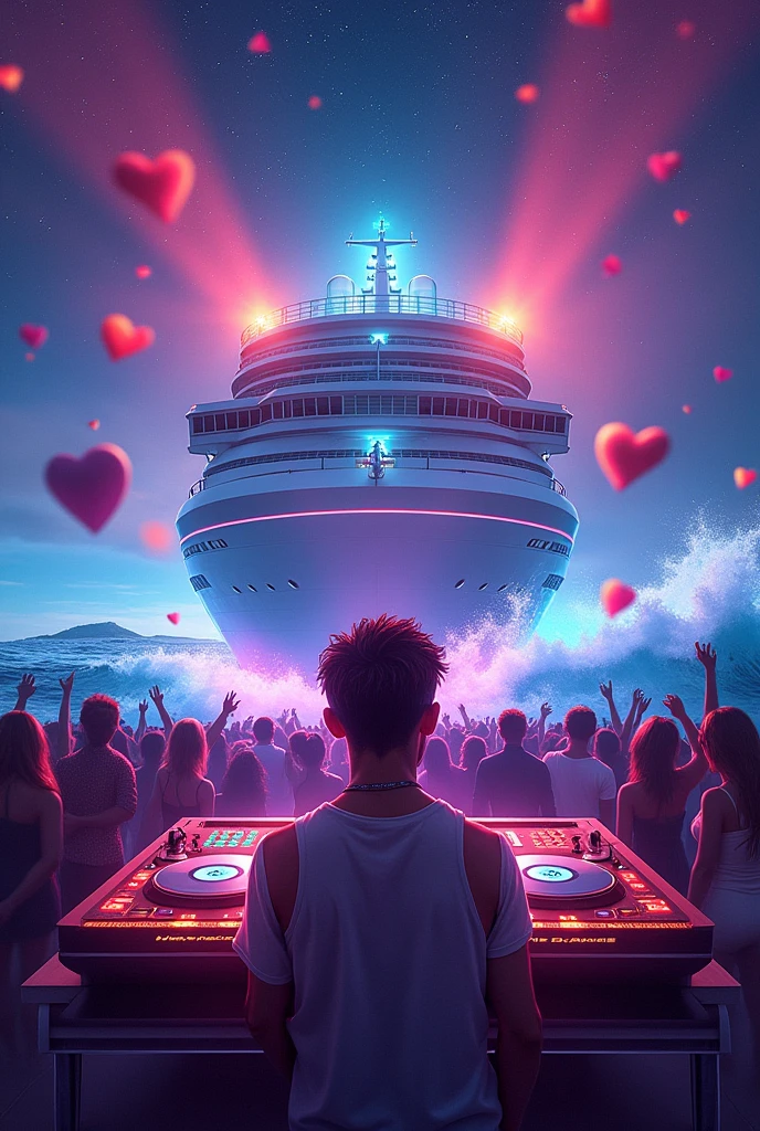 I need an artwork for a club event, the Name is LOVE ON DECKS, the name of the party is a pun of cruise ship and DJ turn tables 
