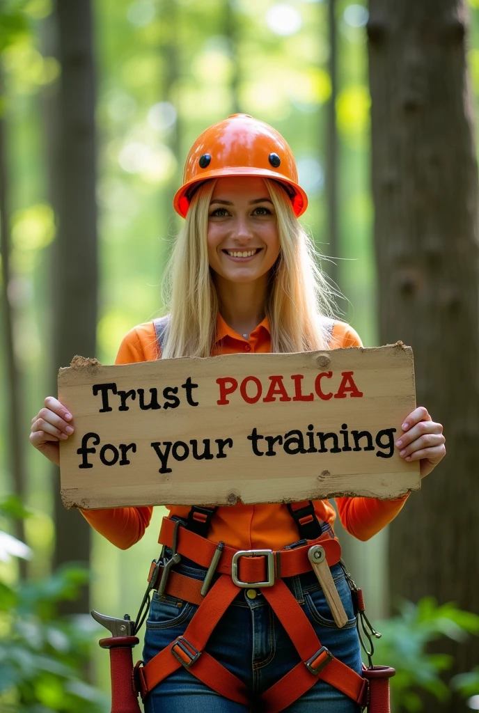 a climbing harness and helmet, climbing on rocky mountains, holding onto the rocks with both hands, smiling with a sincere and pleasant expression, beautiful detailed eyes, long hair escaping from under the helmet in a natural color, photographic quality, 4k, extremely detailed facial features and eyes, high quality, detailed, realistic, warm color tones, "Kowalscy Team" inscription on the t-shirt