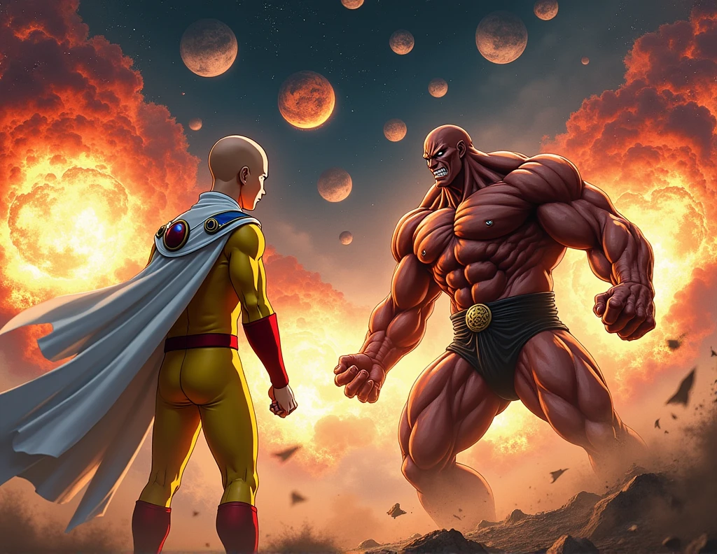 one punch man saitama fighting with yuhiro hanma with exploting planets in background