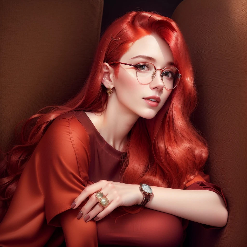 A woman with red hair wearing glasses and a brown shirt sitting in a chair., girl with glasses, girl wearing round glasses, with glasses quadrados, jovana rikalo, with glasses, Retrato Sophie Mudd, sophisticated young woman, editorial portrait, rounded glasses, high quality portrait photo session, wearing round glasses grandes e finos, wearing small round glasses, wearing round glasses