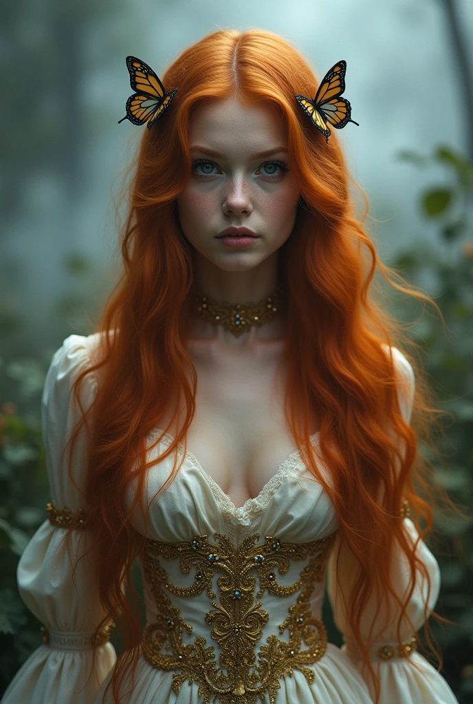 (solo, full body photo:1.3), (action packed:1.3), (haze, fog, mist:1.3), chiaroscuro, best quality, photorealistic, 1woman, (cute), (24yo:1.2), redhead, long ginger hair highly detailed, 1700'S, digital photography, art by artgerm and ruan jia and greg rutkowski surreal painting gold butterfly filigree, broken glass, (masterpiece, sidelighting, finely detailed Fashionable eyes: 1.2) (perfect oval large eyes that gazes at the viewer), beautiful detailed face, blue gorgeous perfect eyes, (blonde hair ponytail), (attractive young woman:1.3), (thick amazing hair), (seductive:1.1), (blushing:1.1)