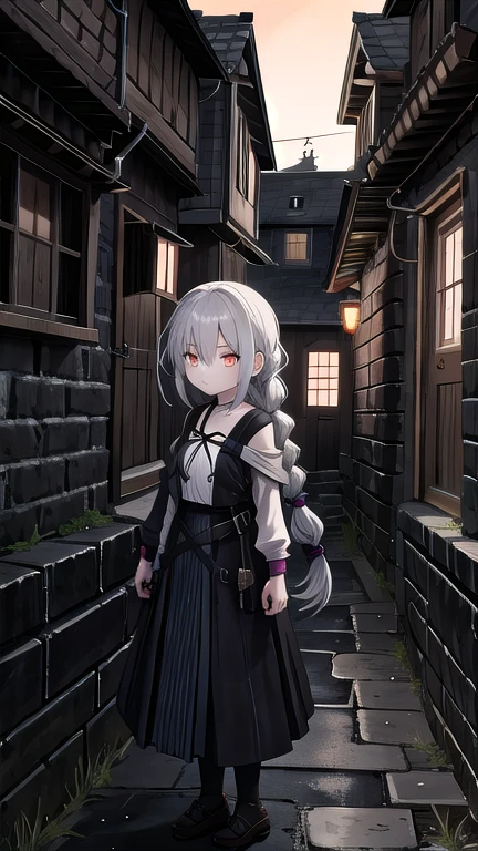  A girl with long hair, braided at the back of her head and tied at one end, stands on an old street lined by stone houses. She has orange eyes and wears gray . The night is dark around her. An anime-style drawing, in the style of fantasy art.  