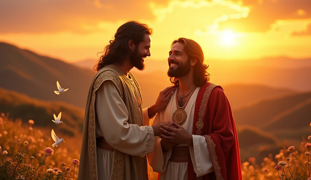 Davi, rei de Israel, with Jesus Christ by your side, both very happy, Grinning
