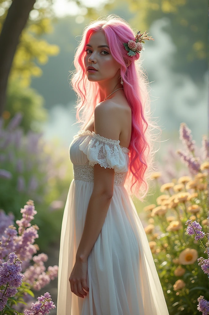 A woman with pink hair and a white dress