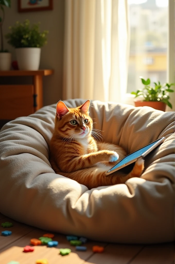 An orange cat playing games on his ipad