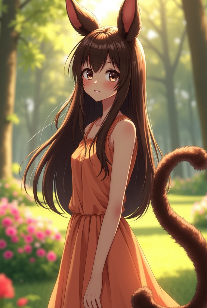 Brunette girl with brown eyes, straight and long hair, She has a huge tail that draws a lot of attention and medium breasts., She's pretty good looking, more or less,65 tall