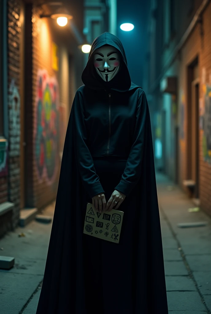 woman dressed in black, hooded and wearing an Anonymous mask