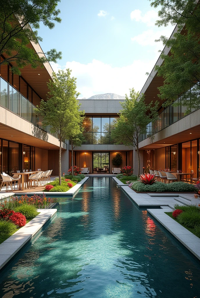 Create a social event venue on a 1200m2 plot with a water feature.