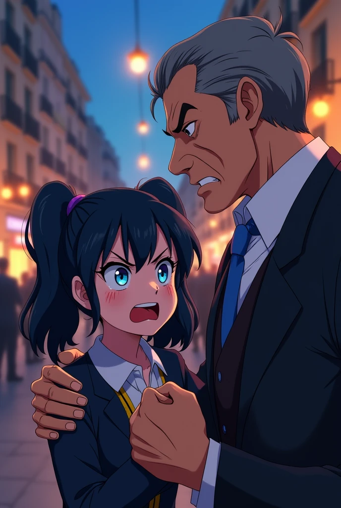 Generate a anime art of marinette duaain cheng , a  girl with dark blue pigtails and blue eyes scowling and crying and clenched fists at gabriel agreste, tall middle age man with a sophisticated suit and a harsh expression  and glasses putting a hand on her shoulder 