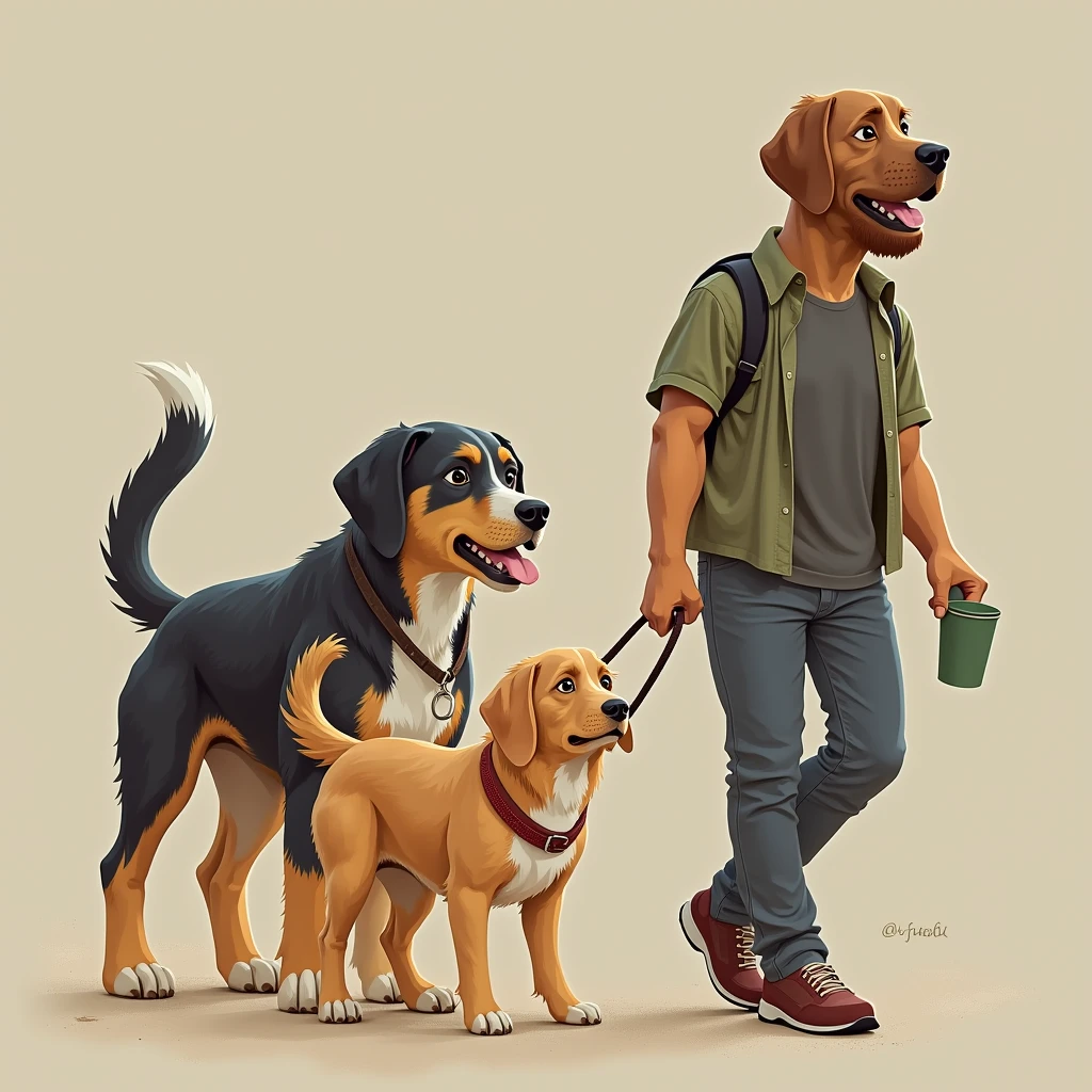 Large dogs、Small dog holding a lead、Taking a walk