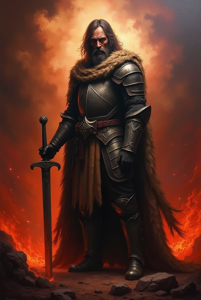 The fallen knight, holding a sword, The background is hell., Nemesis's divine representative, Oil painting, Wear a cloak made of the finest animal hide., 