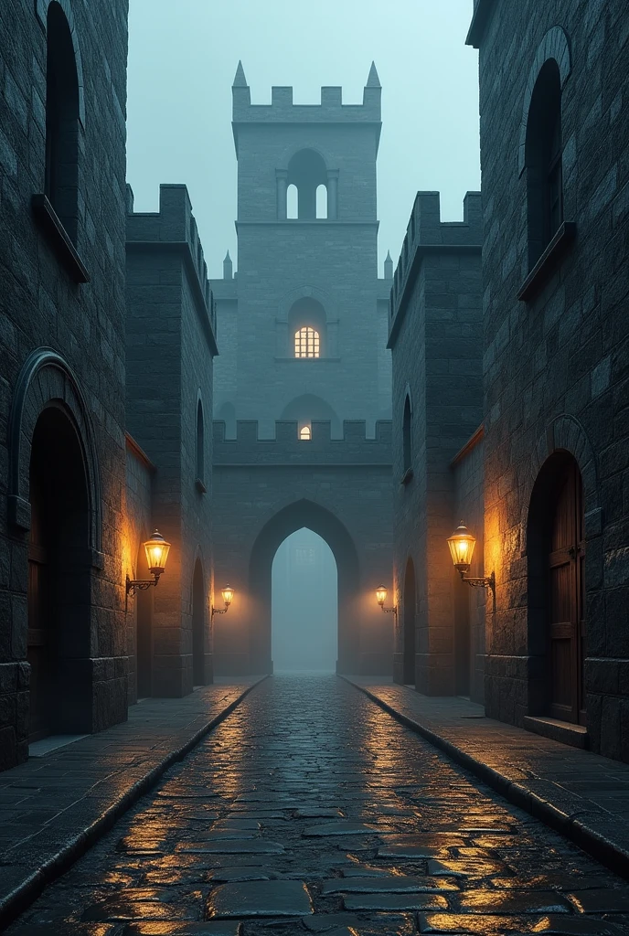 a medieval fantasy village with 5 entrances, highly detailed militarized town, gritty realism, digital art, dark mood, moody lighting, cinematic composition, volumetric fog, intricate architecture, worn textures, dramatic shadows, epic scale, dramatic angles, chiaroscuro lighting, (best quality,4k,8k,highres,masterpiece:1.2),ultra-detailed,(realistic,photorealistic,photo-realistic:1.37)