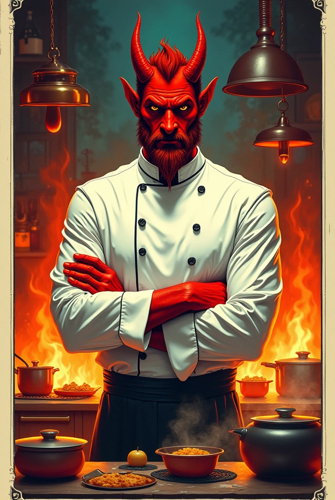 Illustration of a tarot card that presents a red devil, dressed in a chef's jacket. He has small horns and a beard, with the appearance of a businessman .His arms are crossed . The devil exudes an arrogant and wise look, surrounded by flames in a mystical kitchen that evokes the aesthetics of the 70s. The atmosphere is intense, with vibrant details that highlight the uniqueness of this creature in its culinary environment