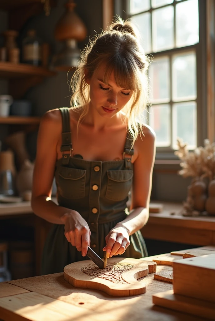 Taylor Swift, the singer, is working with a chisel and carving tools on a piece of wood in a woodworking workshop. She glances briefly at the camera. Beautiful, warm light shines in from the window behind her.