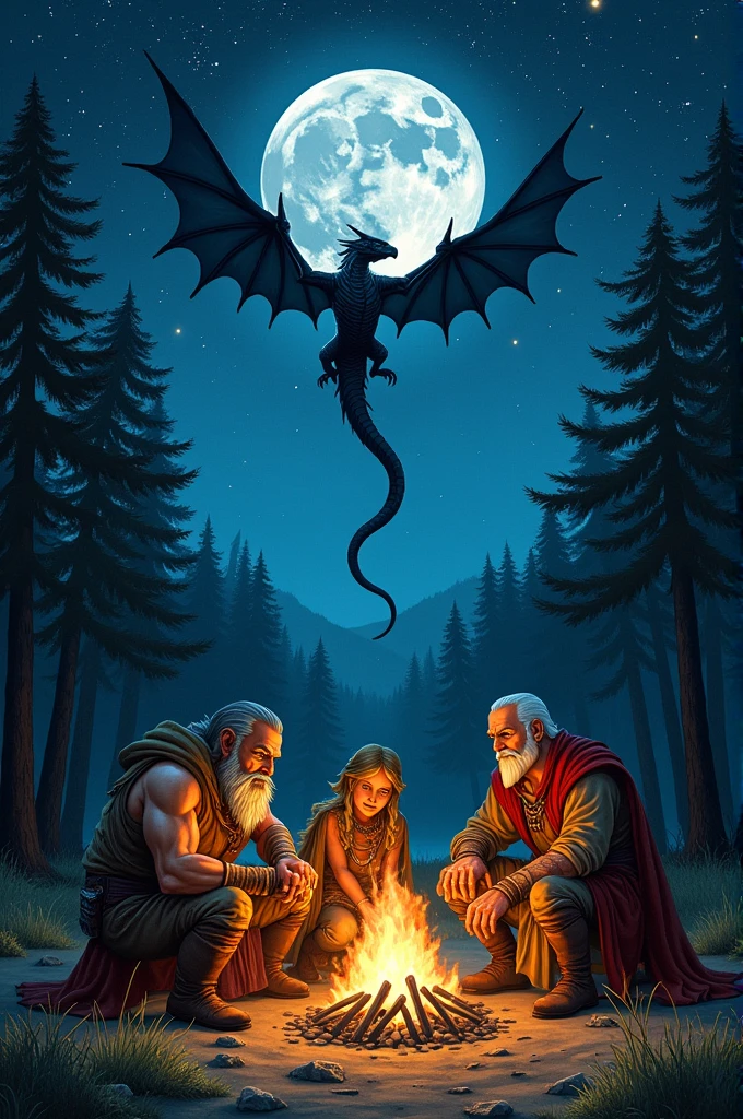 A group of Dungeons and Dragons adventurers gathered around a campfire in a forest clearing on a starry night, On the full moon, the silhouette of a flying dragon is visible.