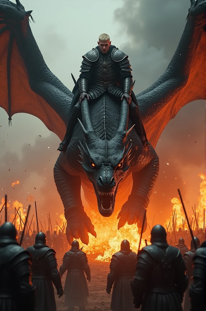 Short platinum hair man,bonitas. In medieval war clothes, on top of a black dragon breathing fire at Viking soldiers