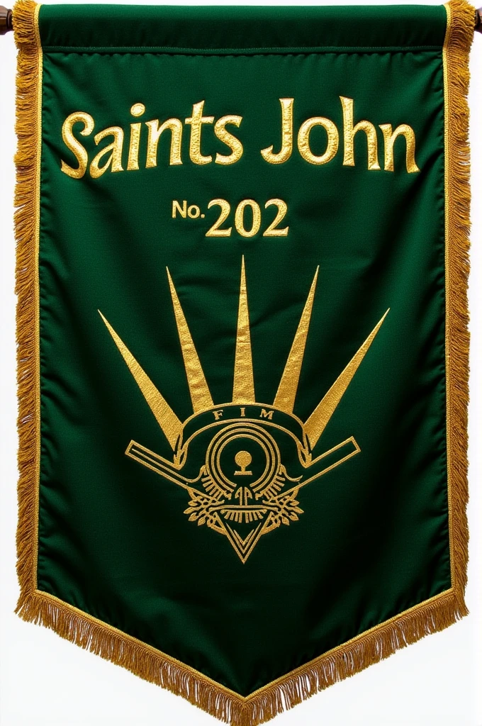 Banner for a lodge in green moiré fabric containing in the upper part the inscription in Latin in gold letters: "Saints John" No. 202, below the text, indefectibly the design of two bars or lateral lines in vertical position from left to right and in the middle of them a circle with a dot in the center
