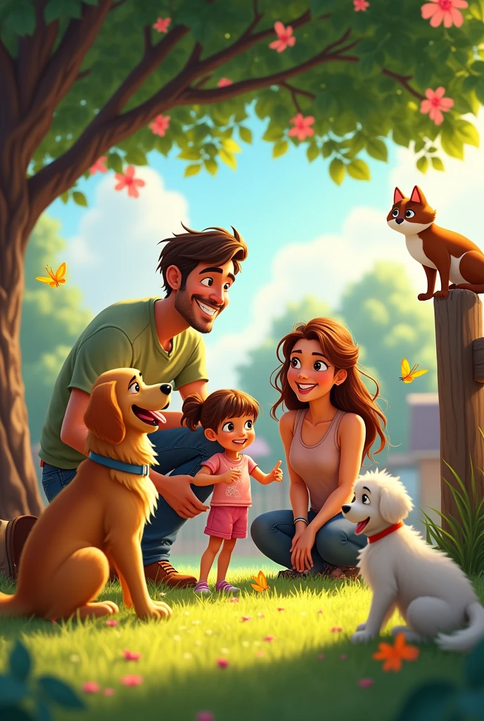 Create a family, that has a girl, a father, a mother, 3 dogs and a cat in animated form