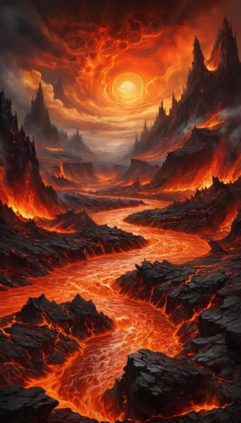 Depict a vivid and terrifying vision of Hell. The landscape is a fiery, chaotic expanse of molten lava and jagged rocks under a sky filled with dark, swirling clouds. Rivers of fire flow through a barren, ashen terrain, and towering, distorted demons with menacing, glowing eyes and sharp, twisted features roam the scene. Crumbling, ancient structures and grotesque, tormented souls are scattered throughout, their expressions twisted in agony. The overall color palette should be dominated by intense reds, oranges, and blacks, creating a sense of unbearable heat and despair